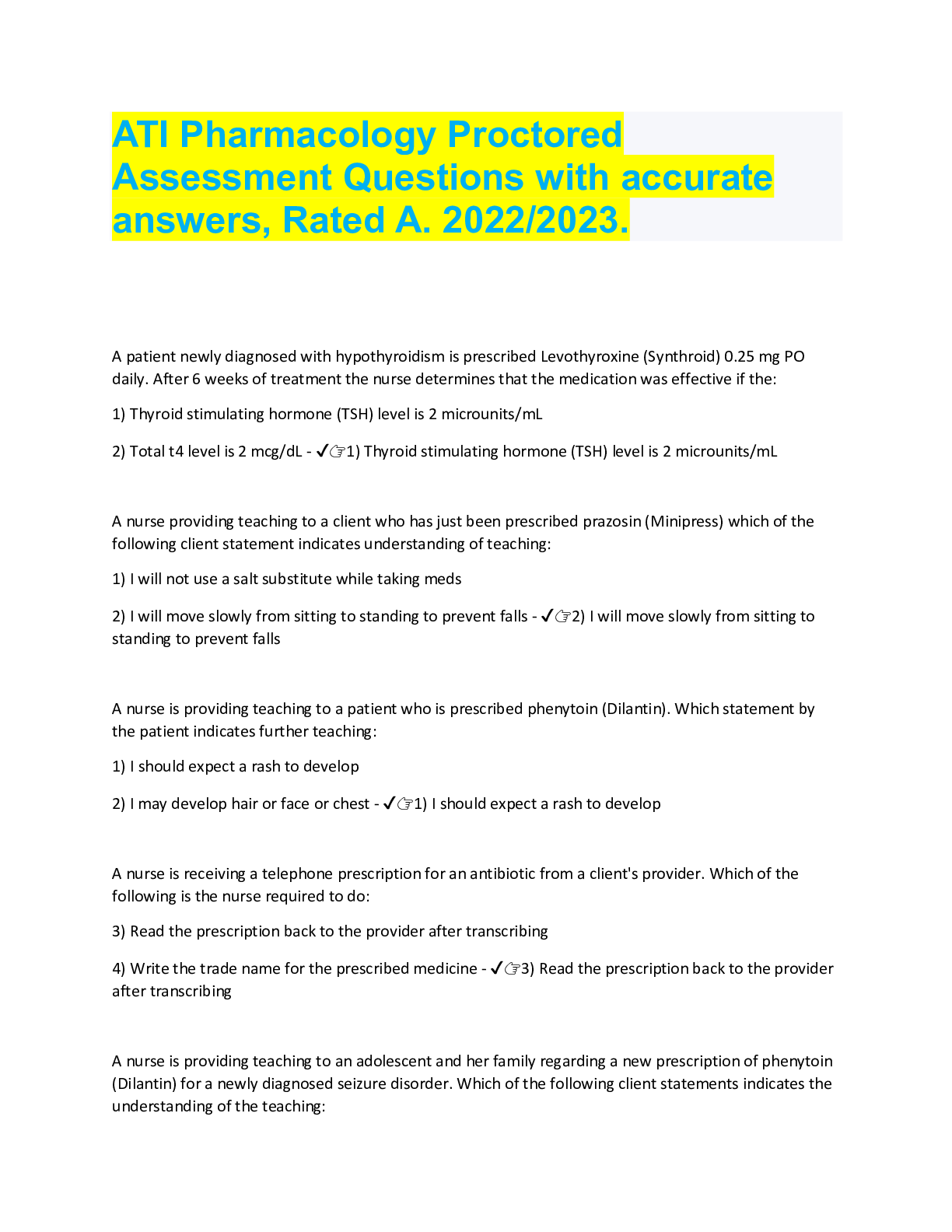 Preview image for ATI Pharmacology Proctored Assessment Questions with accurate answers, Rated A. 2022/2023.